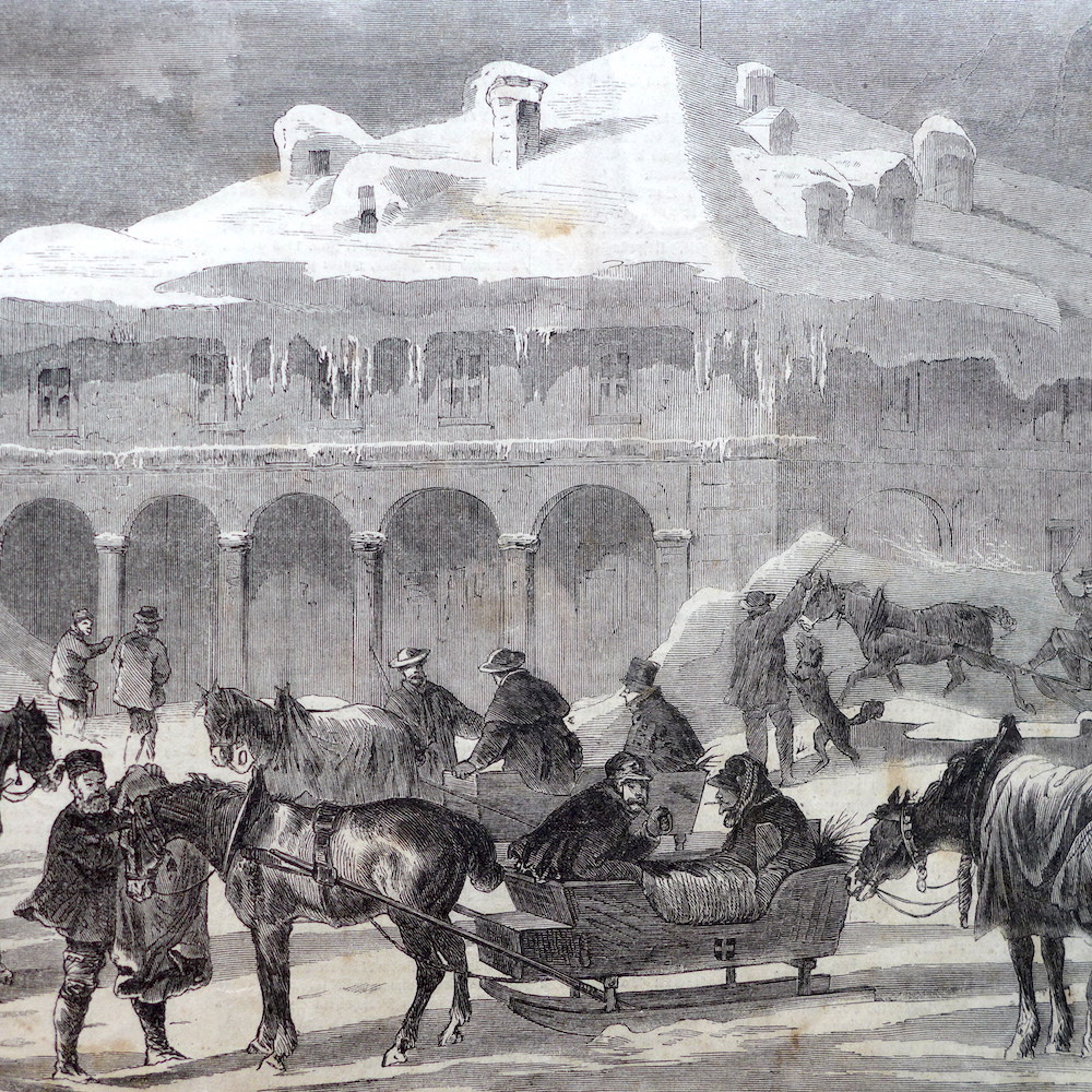 Ankunft der Winterpost am Hospiz auf dem St.Gotthard. Nach einer Zeichnung von A. d' Aujourdhui - 1865